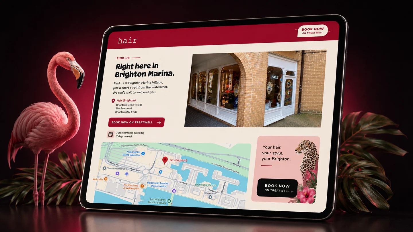 Hair Brighton location and booking artwork showing the salon exterior, Brighton Marina map area, and Treatwell booking call to action.